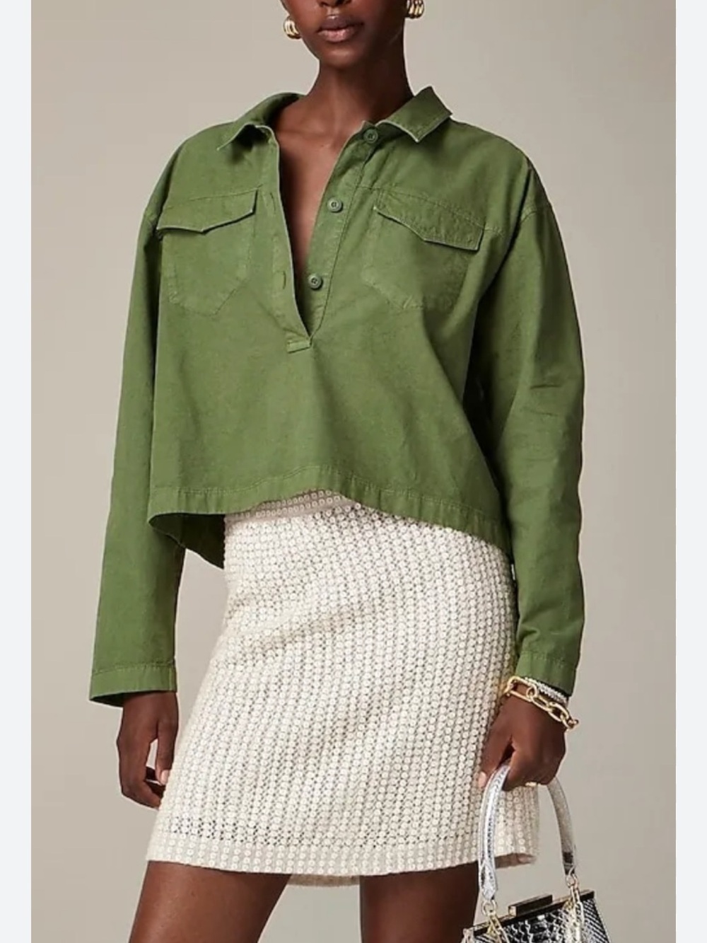 J. Crew Popover Olive Green Shirt Cotton Linen Blend $118 Retail Women’s Small